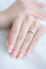 Hand and nail spa. Close-up of beautiful woman's hands Hand painted nails and soft hand skin wide banner. beauty treatment Beautiful woman's nails with beautiful baby boomer manicure copy space.