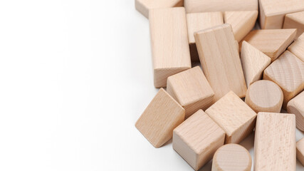 Group of geometry wood blocks toy on white background