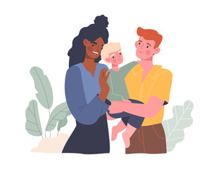 Family with adopted boy. Husband and wife rejoice at their new children. Caring for younger generation. Foster families concept, love, group of happy people. Cartoon flat vector illustration
