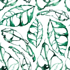 Fotobehang Monstera leaves watercolor seamless pattern. Template for decorating designs and illustrations. © Екатерина Голоднюк