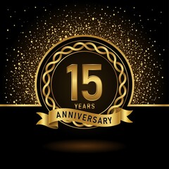 15th anniversary logo template Vector design birthday celebration, Golden anniversary emblem with ribbon. Design for booklet, leaflet, magazine, brochure, poster, web, invitation or greeting card.