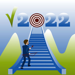 Achieving the goal in 2022. Vector illustration of a man running up the stairs that leads to the goal in 2022. Striving upward towards new opportunities and goals