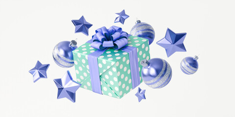 Festive Christmas composition with Christmas toys and a gift box with a bow. 3d illustration in glittery blue and green saturated colors.