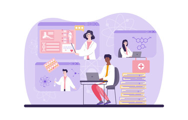 Medical conference concept. Doctors communicate via Internet, social networks, modern technologies. Characters communicate during video conference, professional webinar. Cartoon vector illustration