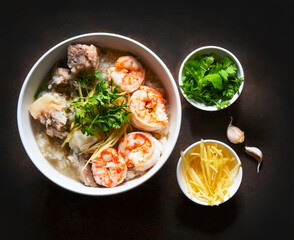 Thai rice soup or shrimp and pork porridge or seafood porridge,  healthy breakfast.