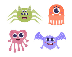 Set of cute monsters. Collection of stickers or badges for kids. Unusually shaped organisms. Fictional heroes for childrens, fantasy. Cartoon flat vector illustrations isolated on white background
