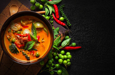 Thailand tradition red curry with beef,pork or chicken menu in thai Curry menu with coconut...