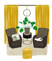 Illustration of the interior with armchairs, cat and flower