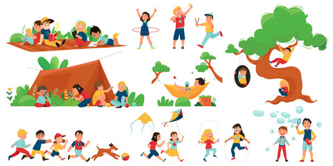 Outside Summer Tent Children Playing Activity Icon Set