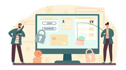 Theft of personal data. Two men stand in front of large monitor. Personal information of one user in hands of hacker. Attackers cracked password, digital technology. Cartoon flat vector illustration