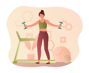 Woman fitness at home. Girl stands with dumbbells in her hands. Active lifestyle and sports. Character monitors his health, useful hobby. Training in apartment. Cartoon flat vector illustration