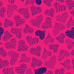 Seamless pattern with hand drawn  hearts on the pink background. Design for fashion, fabric, textile, packaging paper, gift paper and a print on a different product. Happy Valentines day.