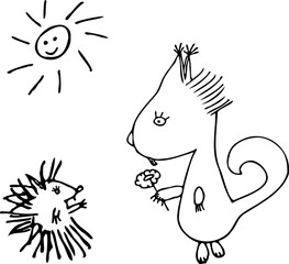 squirrel gives a flower to a hedgehog