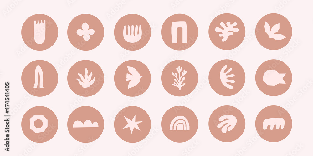 Poster trendy collection of abstract round highlight covers with pastel cutting shapes, tropical elements a