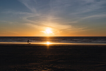 sunset at the beach, person playing with a dog in the sunset, person walkin on the beach