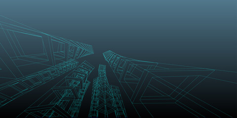 Abstract architecture background. Linear 3D illustration. Building construction perspective