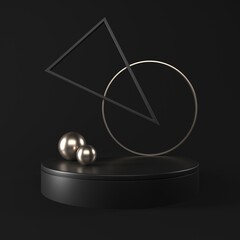 Black podium, pedestal or platform with gold elements. Advertising place scene.  3d Rendering