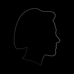 Minimalist silhouette profile of the female head on a black background. White contour line, beautiful woman. Vector illustration