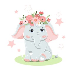 Baby elephant on green field. Cute stickers and badges for kids. Pictures for printing on childrens clothes, graphic elements for website. Nature, fauna, mammal. Cartoon flat vector illustration