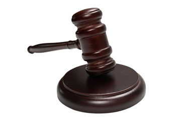 Wooden judge gavel and soundboard isolated on a white background.