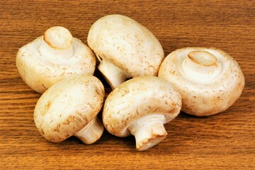 Mushrooms champignons, isolated on a wooden background. Popular healthy food in cooking.