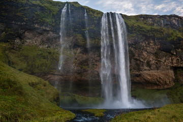 Picturesque waterfall Seljalandsfoss autumn view, southwest Iceland.