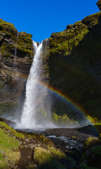 Picturesque waterfall Kvernufoss autumn view, southwest Iceland. High resolution stitch image.