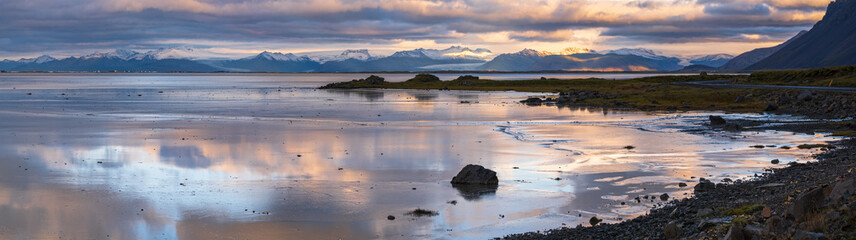 Sunrise Stokksnes cape sea beach, Iceland. Amazing nature scenery, popular travel destination.