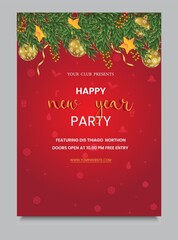 Merry Christmas and New Year Party Flyer with red background template and vector illustration. 