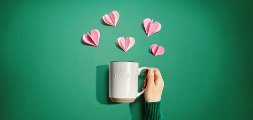 Female hand holding a mug with paper craft hearts - flat lay