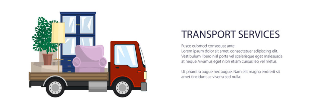 Red freight small truck is transporting furniture, transportation and cargo delivery services and logistics banner, vector illustration