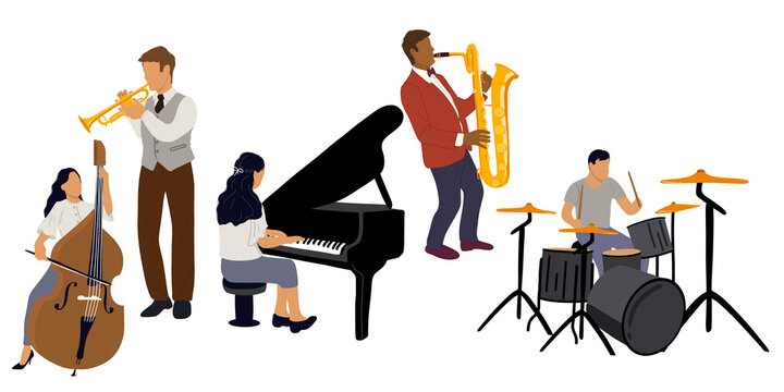 Set of jazz orchestra people playing various musical instruments and singer. The collection of musical instruments includes a double bass drum, saxophone, trumpet, pianist. Flat vector illustration.
