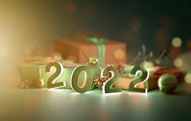 2022 new year composition with christmas holidays decoration - 3d rendering