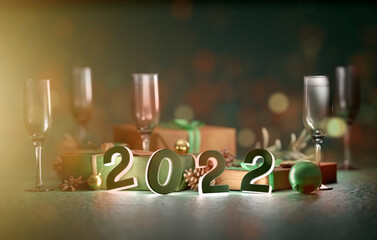 2022 new year composition with christmas holidays decoration - 3d rendering