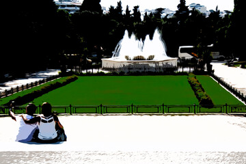 Illustration, tourists are photographed against a fountain in the National Botanical Garden of Athens.