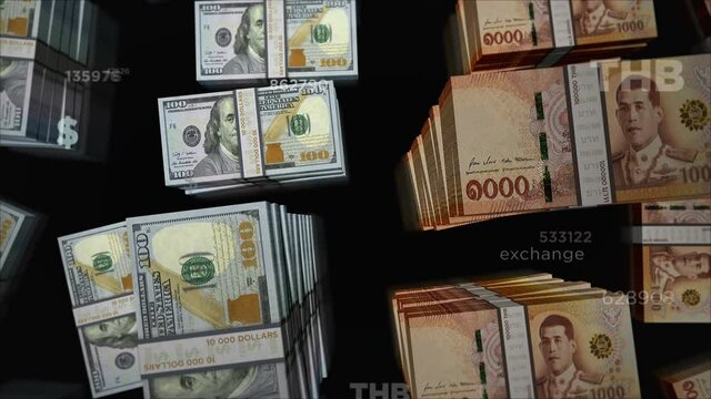 American Dollar and Thailand Baht money exchange. Banknotes pack bundle. Concept of trade, economy, competition, crisis, banking and finance. Notes loopable seamless 3d.