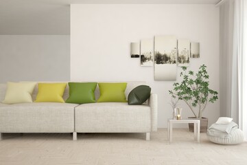 Modern living room in white color with sofa. Scandinavian interior design. 3D illustration