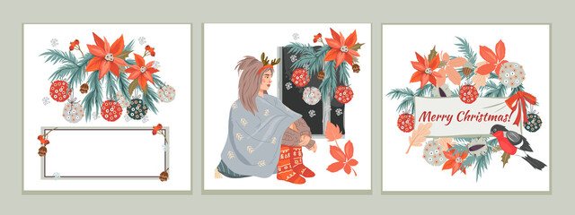 Fototapeta premium Christmas and New Year holiday cards or posters set, flat vector illustration.
