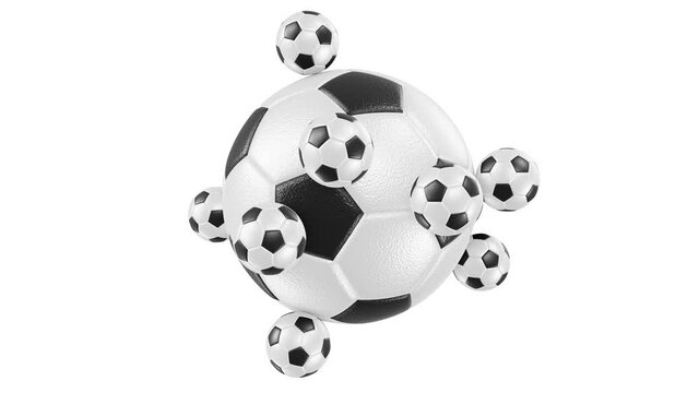 Realistic seamless looping satisfying 3D animation of the big spinning soccer football ball with orbital rolling small balls as satellites rendered in UHD with alpha matte