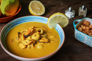 Seafood soup, based on prawns, mussels, clams, hake and squid, served with fried bread and lemons, on a dark wooden table.