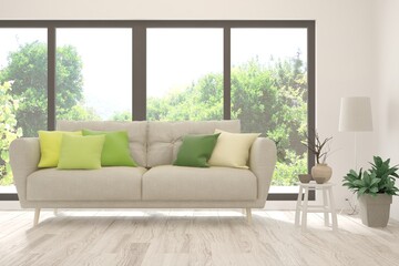 White living room with sofa and summer landscape in window. Scandinavian interior design. 3D illustration