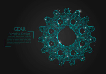 Abstract isolated blue image of a gear. Polygonal illustration looks like stars in the blask night sky in spase or flying glass shards. Digital design for website, web, internet © Katsiaryna