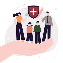 Family insurance. Hand holding parents with kids. Family security and care. Protection of all areas of life. Healthcare and support concept. Assurance plan