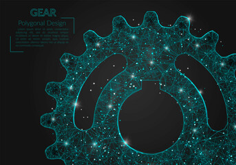 Abstract isolated blue image of a gear. Polygonal illustration looks like stars in the blask night sky in spase or flying glass shards. Digital design for website, web, internet © Katsiaryna