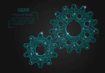 Abstract isolated blue image of a gear. Polygonal illustration looks like stars in the blask night sky in spase or flying glass shards. Digital design for website, web, internet © Katsiaryna
