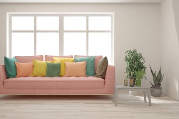 White living room with sofa. Scandinavian interior design. 3D illustration