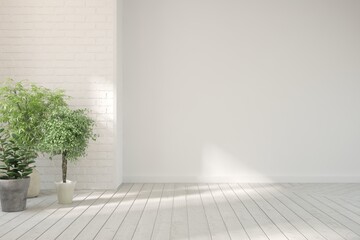 White empty room with brick wall and green home plants. Scandinavian interior design. 3D illustration