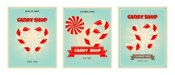 Retro poster design for candy shop set.  Candies vintage banner theme. Promotional banner for sweets, cakes and desserts..
