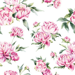 Floral print, watercolor flowers of peonies. Pattern with spring peonies isolated on white background, may be used as background texture, wrapping paper, textile or wallpaper design