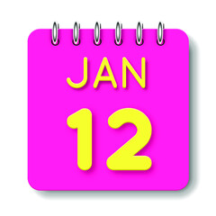 12 day of the month. 12 January. Cute calendar daily icon. Date day week Sunday, Monday, Tuesday, Wednesday, Thursday, Friday, Saturday.
